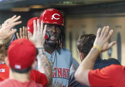 Jun 17, 2023; Houston, Texas, USA; Cincinnati Reds third baseman Elly De La Cruz (44) celebrates with teammates after scoring against the Houston Astros in the seventh inning at Minute Maid Park. Mandatory Credit: Thomas Shea-USA TODAY Sports