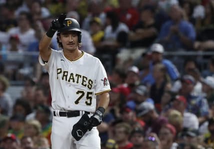 Jul 29, 2023; Pittsburgh, Pennsylvania, USA;  Pittsburgh Pirates shortstop Alika Williams (75) reacts after hitting single for his first career MLB hit against the Philadelphia Phillies during the fifth inning at PNC Park. Mandatory Credit: Charles LeClaire-USA TODAY Sports