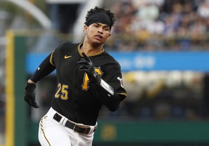 Aug 1, 2023; Pittsburgh, Pennsylvania, USA;  Pittsburgh Pirates catcher Endy Rodriguez (25) runs to third base with an RBI triple against the Detroit Tigers during the second inning at PNC Park. Mandatory Credit: Charles LeClaire-USA TODAY Sports