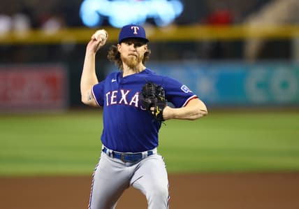 Aug 22, 2023; Phoenix, Arizona, USA; Texas Rangers pitcher Jon Gray against the Arizona Diamondbacks at Chase Field. Mandatory Credit: Mark J. Rebilas-USA TODAY Sports