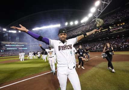 Oct 11, 2023; Phoenix, AZ, USA; Arizona Diamondbacks Ketel Marte celebrates after sweeping the Los Angeles Dodgers 3-0 to win the NLDS at Chase Field. Mandatory Credit: Rob Schumacher-Arizona Republic