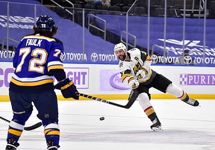 Apr 5, 2021; St. Louis, Missouri, USA;  Vegas Golden Knights defenseman Alex Pietrangelo (7) moves the puck up ice during the first period against the St. Louis Blues at Enterprise Center. Mandatory Credit: Jeff Curry-USA TODAY Sports