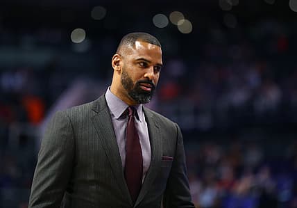 Oct 31, 2018; Phoenix, AZ, USA; San Antonio Spurs assistant coach Ime Udoka against the Phoenix Suns at Talking Stick Resort Arena. Mandatory Credit: Mark J. Rebilas-USA TODAY Sports