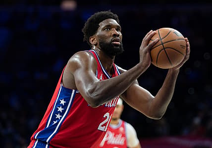 Jan 3, 2022; Philadelphia, Pennsylvania, USA; Philadelphia 76ers center Joel Embiid (21) shoots a foul shot against the Houston Rockets during the third quarter at Wells Fargo Center. Mandatory Credit: Bill Streicher-USA TODAY Sports