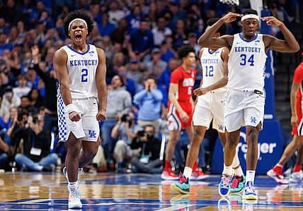 Mar 1, 2022; Lexington, Kentucky, USA; Kentucky Wildcats guard Sahvir Wheeler (2) celebrates during the first half against the Mississippi Rebels at Rupp Arena at Central Bank Center. Mandatory Credit: Jordan Prather-USA TODAY Sports