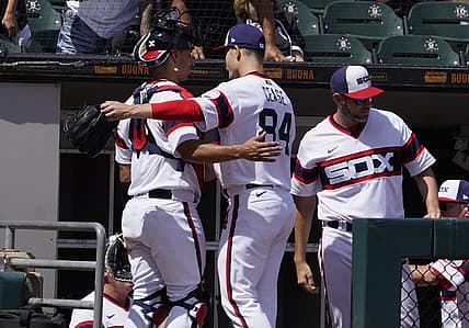Jun 26, 2022; Chicago, Illinois, USA; Chicago White Sox starting pitcher Dylan Cease (84) is greeted by catcher Seby Zavala (44) after the end of the seventh inning at Guaranteed Rate Field. Mandatory Credit: David Banks-USA TODAY Sports