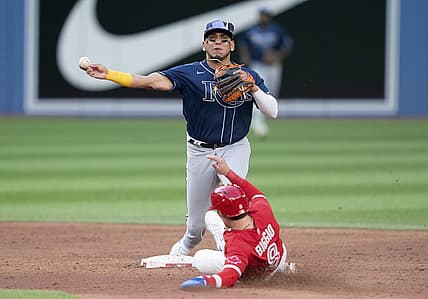 Jul 2, 2022; Toronto, Ontario, CAN; Tampa Bay Rays second baseman Isaac Paredes (17) forces out Toronto Blue Jays second baseman Cavan Biggio (8) at second base during the third inning at Rogers Centre. Mandatory Credit: Nick Turchiaro-USA TODAY Sports
