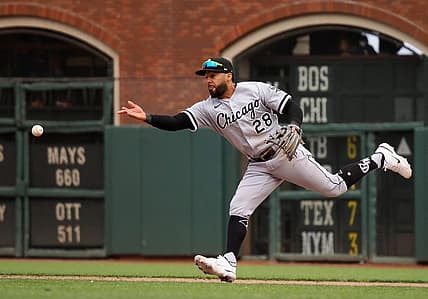 Jul 2, 2022; San Francisco, California, USA; Chicago White Sox second baseman Leury Garcia (28) throws the ball toward second base against the San Francisco Giants during the ninth inning at Oracle Park. Mandatory Credit: Kelley L Cox-USA TODAY Sports