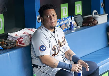 Jul 28, 2022; Toronto, Ontario, CAN; Detroit Tigers designated hitter Miguel Cabrera (24) sits in the dugout during the pregame against the Toronto Blue Jays at Rogers Centre. Mandatory Credit: Nick Turchiaro-USA TODAY Sports