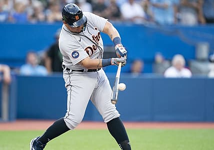 Jul 28, 2022; Toronto, Ontario, CAN; Detroit Tigers designated hitter Miguel Cabrera (24) hits a ball against the Toronto Blue Jays during the first inning at Rogers Centre. Mandatory Credit: Nick Turchiaro-USA TODAY Sports
