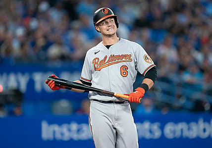 Aug 16, 2022; Toronto, Ontario, CAN; Baltimore Orioles first baseman Ryan Mountcastle (6) reacts after striking out against the Toronto Blue Jays during the fourth inning at Rogers Centre. Mandatory Credit: Nick Turchiaro-USA TODAY Sports
