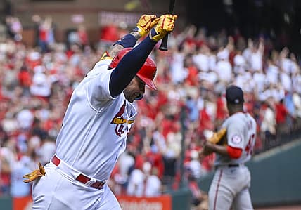 Sep 8, 2022; St. Louis, Missouri, USA;  St. Louis Cardinals catcher Yadier Molina (4) reacts after hitting a two run home run off of Washington Nationals starting pitcher Josiah Gray (40) during the second inning at Busch Stadium. Mandatory Credit: Jeff Curry-USA TODAY Sports