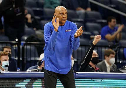 Jan 29, 2022; Chicago, Illinois, USA; DePaul Blue Demons head coach Tony Stubblefield during the first half against the Connecticut Huskies at Wintrust Arena. Mandatory Credit: Mike Dinovo-USA TODAY Sports