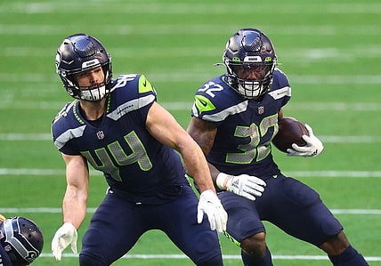 Jan 3, 2021; Glendale, Arizona, USA; Seattle Seahawks fullback Nick Bellore (44) blocks for running back Chris Carson (32) against the San Francisco 49ers at State Farm Stadium. Mandatory Credit: Mark J. Rebilas-USA TODAY Sports