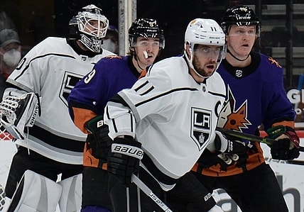 Feb 20, 2021; Glendale, Arizona, USA; Los Angeles Kings goaltender Calvin Petersen (40) tracks the play through traffic during the third period against the Arizona Coyotes at Gila River Arena. Mandatory Credit: Joe Camporeale-USA TODAY Sports