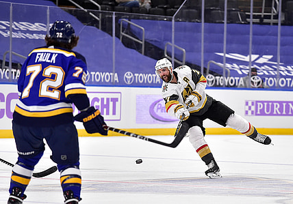 Apr 5, 2021; St. Louis, Missouri, USA;  Vegas Golden Knights defenseman Alex Pietrangelo (7) moves the puck up ice during the first period against the St. Louis Blues at Enterprise Center. Mandatory Credit: Jeff Curry-USA TODAY Sports