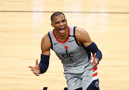 Apr 10, 2021; Phoenix, Arizona, USA; Washington Wizards guard Russell Westbrook (4) reacts against the Phoenix Suns in the second half at Phoenix Suns Arena. Mandatory Credit: Mark J. Rebilas-USA TODAY Sports