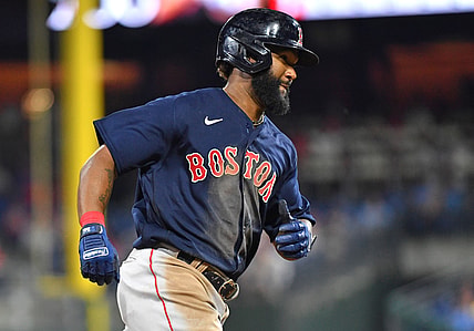 May 22, 2021; Philadelphia, Pennsylvania, USA; Boston Red Sox center fielder Danny Santana (22) runs past third base after hitting a solo home run against the Philadelphia Phillies during the sixth inning at Citizens Bank Park. Mandatory Credit: Eric Hartline-USA TODAY Sports