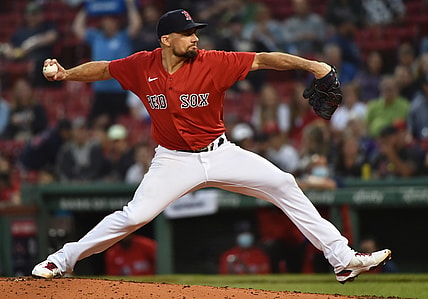 Jun 14, 2021; Boston, Massachusetts, USA;  Boston Red Sox starting pitcher Nathan Eovaldi (17) pitches during the third inning against the Toronto Blue Jays at Fenway Park. Mandatory Credit: Bob DeChiara-USA TODAY Sports