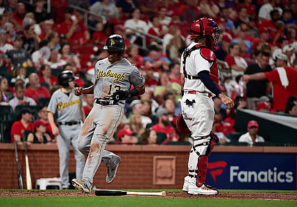 Jun 25, 2021; St. Louis, Missouri, USA;  Pittsburgh Pirates third baseman Ke'Bryan Hayes (13) scores on a single by catcher Jacob Stallings (not pictured) during the fifth inning against the St. Louis Cardinals at Busch Stadium. Mandatory Credit: Jeff Curry-USA TODAY Sports