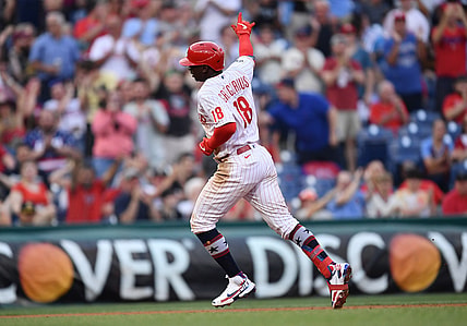 Jul 2, 2021; Philadelphia, Pennsylvania, USA; Philadelphia Phillies shortstop Didi Gregorius (18) celebrates as he rounds the bases after hitting a solo home run in the fifth inning against the San Diego Padres at Citizens Bank Park. Mandatory Credit: Kyle Ross-USA TODAY Sports
