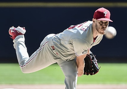 Sep 6, 2021; Milwaukee, Wisconsin, USA; Philadelphia Phillies pitcher Zack Wheeler (45) throws a pitch in the first inning against the Milwaukee Brewers at American Family Field. Mandatory Credit: Benny Sieu-USA TODAY Sports