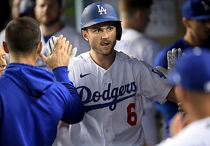 Sep 14, 2021; Los Angeles, California, USA;  Dodgers shortstop Trea Turner (6) celebrates in the dugout after hitting a solo home run against the Arizona Diamondbacks in the fifth inning at Dodger Stadium. Mandatory Credit: Jayne Kamin-Oncea-USA TODAY Sports
