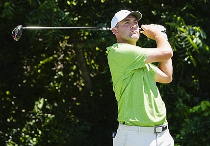 May 26, 2022; Fort Worth, Texas, USA; Scottie Scheffler plays his shot from the sixth tee during the first round of the Charles Schwab Challenge golf tournament. Mandatory Credit: Jim Cowsert-USA TODAY Sports