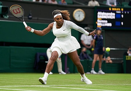Jun 29, 2021; London, United Kingdom;  Serena Williams (USA) seen playing Aliaksandra Sasnovich (BLR) in first round ladies singles on centre court at All England Lawn Tennis and Croquet Club.  Mandatory Credit: Peter Van den Berg-USA TODAY Sports