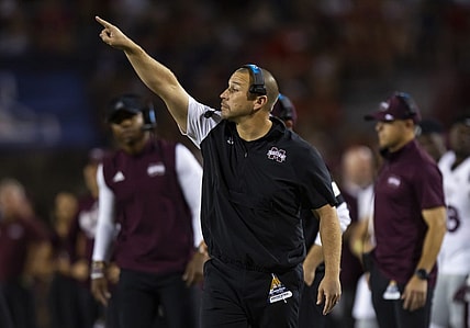 Sep 10, 2022; Tucson, Arizona, USA; Mississippi State Bulldogs defensive coordinator Zach Arnett against the Arizona Wildcats at Arizona Stadium. Mandatory Credit: Mark J. Rebilas-USA TODAY Sports