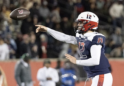 Feb 18, 2023; Houston, TX, USA; Houston Roughnecks quarterback Brandon Silvers (12) throws a pass against the Orlando Guardians in the fourth quarter at TDECU Stadium. Mandatory Credit: Thomas Shea-USA TODAY Sports