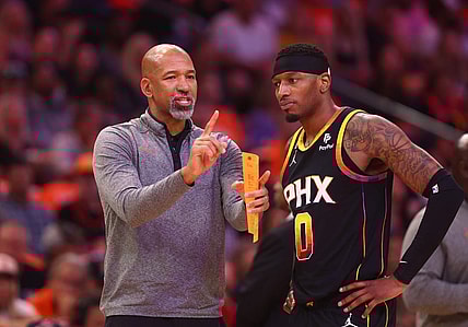 Apr 25, 2023; Phoenix, Arizona, USA; Phoenix Suns head coach Monty Williams with forward Torrey Craig (0) against the Los Angeles Clippers during game five of the 2023 NBA playoffs at Footprint Center. Mandatory Credit: Mark J. Rebilas-USA TODAY Sports