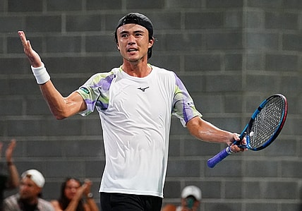 Aug 29, 2023; Flushing, NY, USA; Taro Daniel of Japan celebrates after winning a point against Gael Monfils of France on day two of the 2023 U.S. Open tennis tournament at the USTA Billie Jean King National Tennis Center. Mandatory Credit: Jerry Lai-USA TODAY Sports
