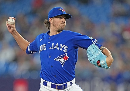 Sep 26, 2023; Toronto, Ontario, CAN; Toronto Blue Jays starting pitcher Kevin Gausman (34) throws a pitch against the New York Yankees during the first inning at Rogers Centre. Mandatory Credit: Nick Turchiaro-USA TODAY Sports