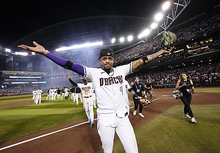 Oct 11, 2023; Phoenix, AZ, USA; Arizona Diamondbacks Ketel Marte celebrates after sweeping the Los Angeles Dodgers 3-0 to win the NLDS at Chase Field. Mandatory Credit: Rob Schumacher-Arizona Republic