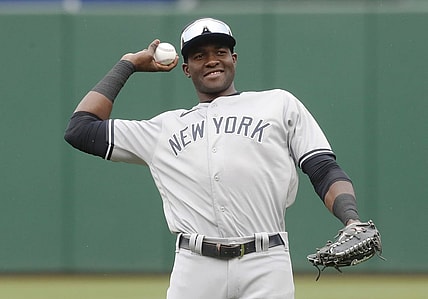Sep 17, 2023; Pittsburgh, Pennsylvania, USA; New York Yankees center fielder Estevan Florial (90) warms up before the game against the Pittsburgh Pirates at PNC Park. Mandatory Credit: Charles LeClaire-USA TODAY Sports