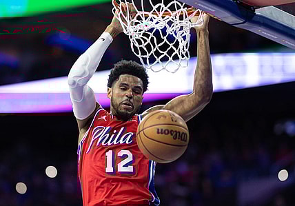 Mar 1, 2024; Philadelphia, Pennsylvania, USA; Philadelphia 76ers forward Tobias Harris (12) dunks the ball against the Charlotte Hornets during the second quarter at Wells Fargo Center. Mandatory Credit: Bill Streicher-USA TODAY Sports