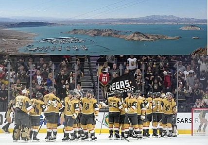 Vegas Golden Knights team photo (Photo- Vegas Golden Knights via Twitter) and Lake Mead (Photo- Owen Krepps)
