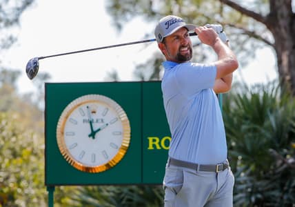 Feb 25, 2021; Bradenton, Florida, USA; Webb Simpson plays his shot from the tenth tee during the first round of World Golf Championships at The Concession golf tournament at The Concession Golf Club. Mandatory Credit: Mike Watters-USA TODAY Sports