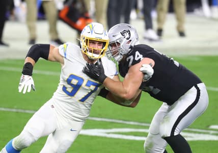 Dec 17, 2020; Paradise, Nevada, USA; Los Angeles Chargers defensive end Joey Bosa (97) against Las Vegas Raiders offensive tackle Kolton Miller (74) at Allegiant Stadium. Mandatory Credit: Mark J. Rebilas-USA TODAY Sports