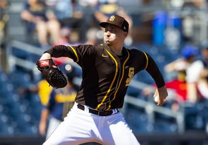 Mar 3, 2021; Peoria, Arizona, USA; San Diego Padres pitcher Blake Snell against the Milwaukee Brewers during a Spring Training game at Peoria Sports Complex. Mandatory Credit: Mark J. Rebilas-USA TODAY Sports