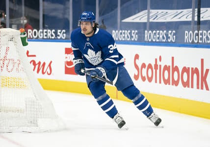 Mar 27, 2021; Toronto, Ontario, CAN; Toronto Maple Leafs center Auston Matthews (34) in action during the first period against the Edmonton Oilers at Scotiabank Arena. Mandatory Credit: Nick Turchiaro-USA TODAY Sports