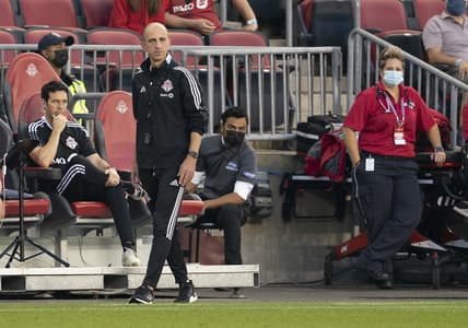Aug 7, 2021; Toronto, Ontario, CAN; Toronto FC interim head coach Javier Perez looks on during the first half against New York City FC at BMO Field. Mandatory Credit: Nick Turchiaro-USA TODAY Sports