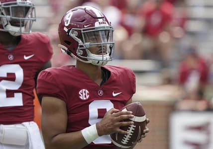 Sep 11, 2021; Tuscaloosa, Alabama, USA; Alabama Crimson Tide quarterback Bryce Young (9) during warm ups at Bryant-Denny Stadium. Mandatory Credit: Marvin Gentry-USA TODAY Sports