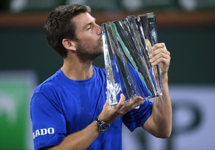 Oct 17, 2021; Indian Wells, CA, USA;  Cameron Norrie (GBR) holds the championship trophy after defeating Nikoloz Basilashvili (GEO) in the men   s final in the BNP Paribas Open at the Indian Wells Tennis Garden. Mandatory Credit: Jayne Kamin-Oncea-USA TODAY Sports