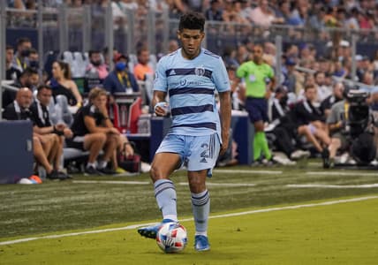 Jun 23, 2021; Kansas City, Kansas, USA; Sporting Kansas City defender Jaylin Lindsey (2) controls the ball during the match against the Colorado Rapids at Children's Mercy Park. Mandatory Credit: Denny Medley-USA TODAY Sports