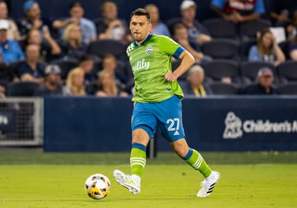 Sep 26, 2021; Kansas City, Kansas, USA; Seattle Sounders defender Shane O'Neill (27) passes the ball against Sporting Kansas City during the second half at Children's Mercy Park. Mandatory Credit: Jay Biggerstaff-USA TODAY Sports