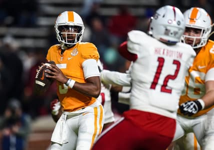 Nov 20, 2021; Knoxville, Tennessee, USA; Tennessee Volunteers quarterback Hendon Hooker (5) during the first half against the South Alabama Jaguars at Neyland Stadium. Mandatory Credit: Bryan Lynn-USA TODAY Sports