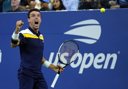 Sep 3, 2021; Flushing, NY, USA; Roberto Bautista Agut of Spain reacts as he wins the fourth set against Felix Auger-Aliassime of Canada on day five of the 2021 U.S. Open tennis tournament at USTA Billie Jean King National Tennis Center. Mandatory Credit: Danielle Parhizkaran-USA TODAY Sports