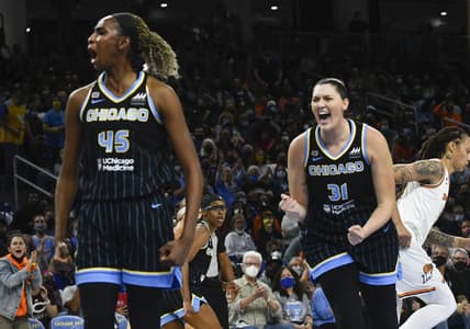 Oct 15, 2021; Chicago, Illinois, USA; Chicago Sky center/forward Astou Ndour-Fall (45) and center Stefanie Dolson (31) during the first half of game three of the 2021 WNBA Finals against the Phoenix Mercury  at Wintrust Arena. Mandatory Credit: Matt Marton-USA TODAY Sports